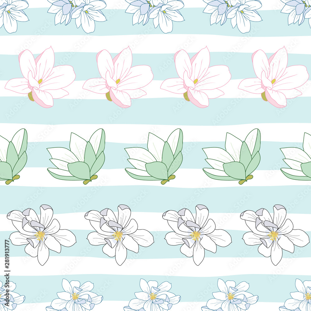 Seamless pattern illustration with magnolia flowers on blue stripes