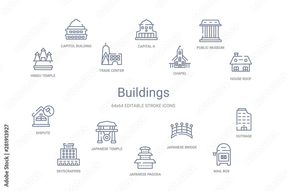 buildings concept 14 outline icons buildings concept 14 outline icons