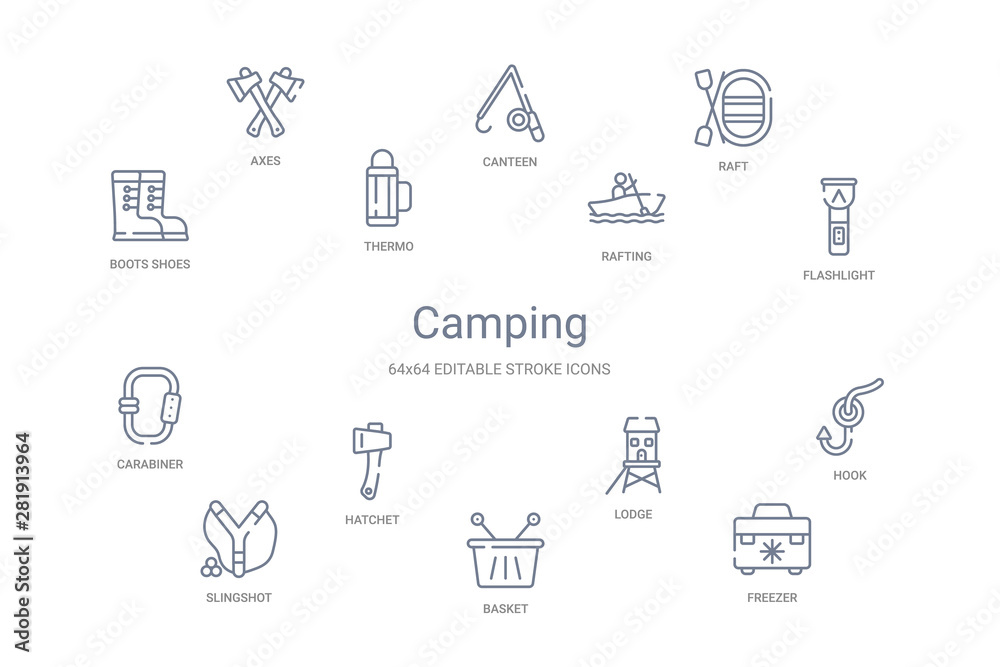 camping concept 14 outline icons camping concept 14 outline icons