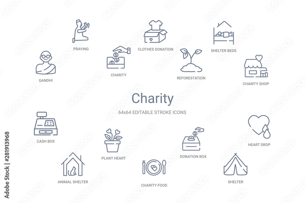 charity concept 14 outline icons charity concept 14 outline icons