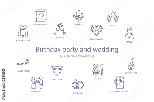 birthday party and wedding concept 14 outline icons