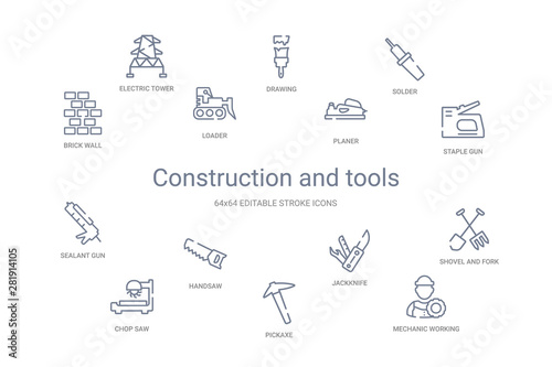 construction and tools concept 14 outline icons