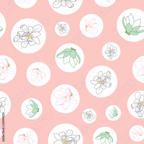 Seamless pattern magnolia flowers in bubbles on pink background