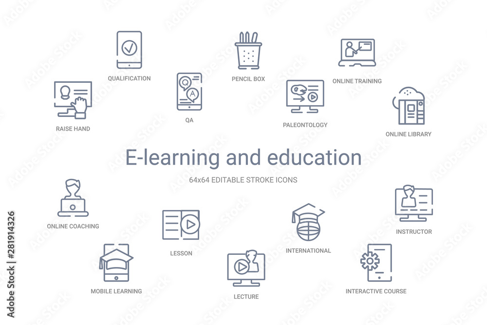 e-learning and education concept 14 outline icons