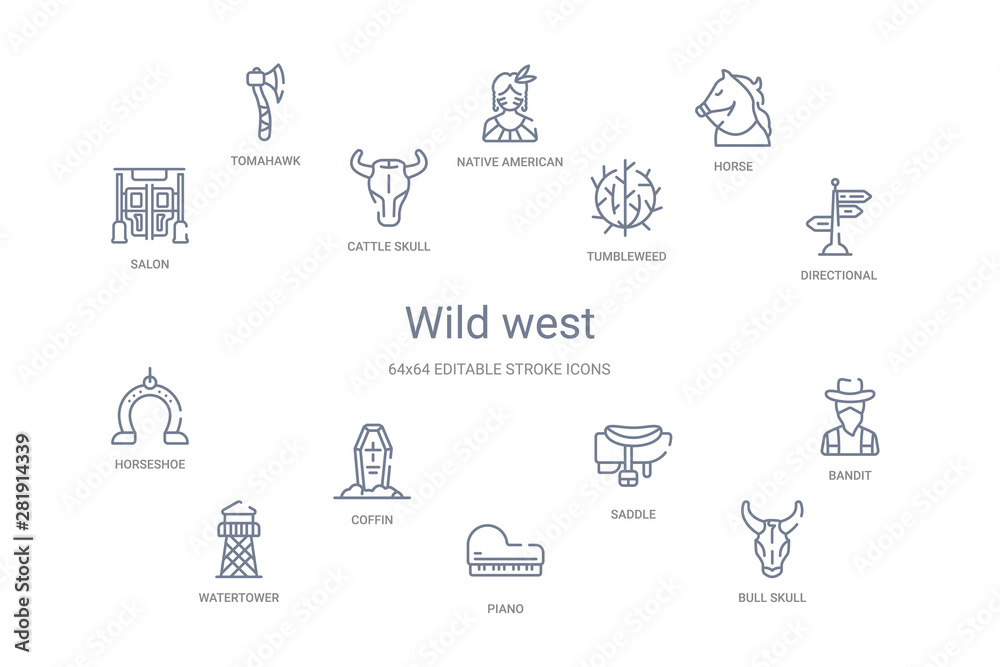 wild west concept 14 outline icons wild west concept 14 outline icons