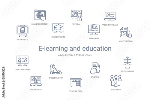 e-learning and education concept 14 outline icons