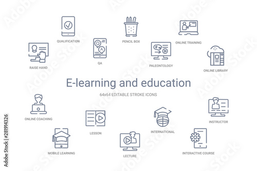 e-learning and education concept 14 outline icons