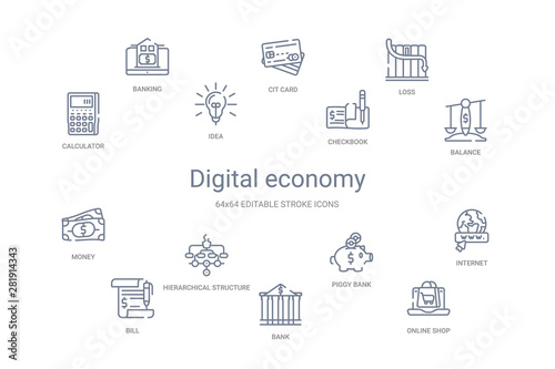 digital economy concept 14 outline icons