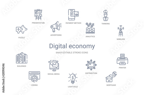 digital economy concept 14 outline icons