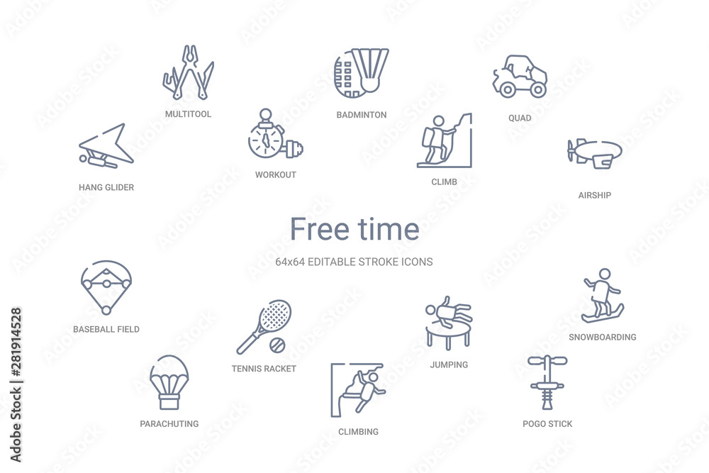 free time concept 14 outline icons