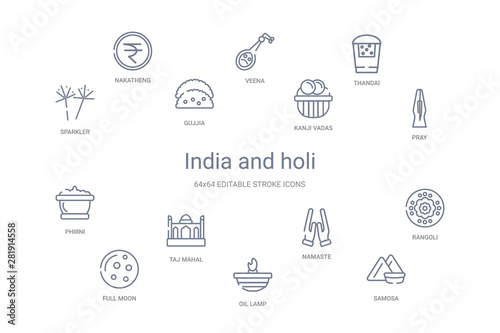 india and holi concept 14 outline icons