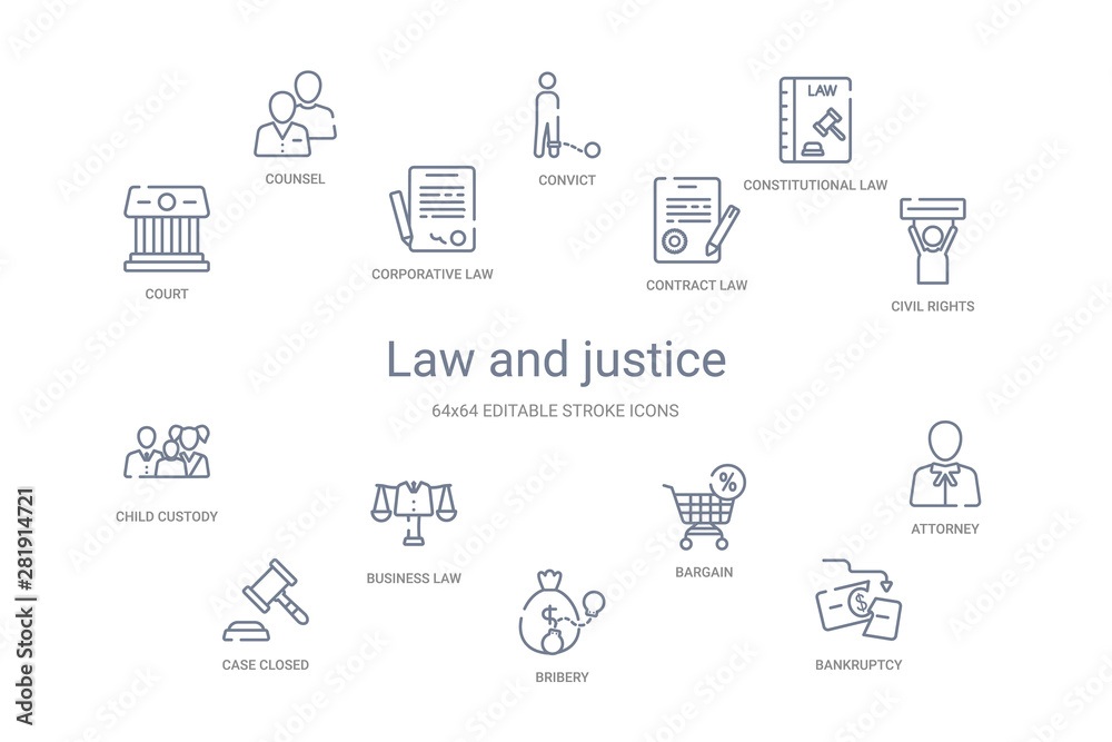 law and justice concept 14 outline icons law and justice concept 14 outline icons