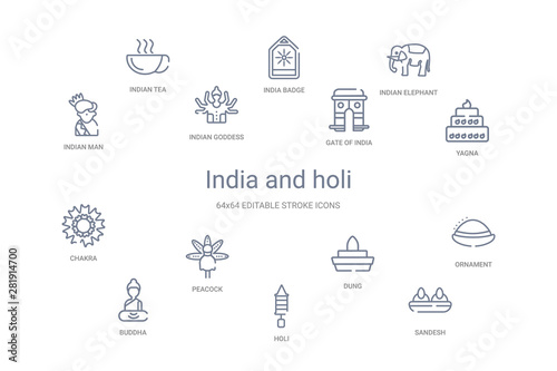 india and holi concept 14 outline icons