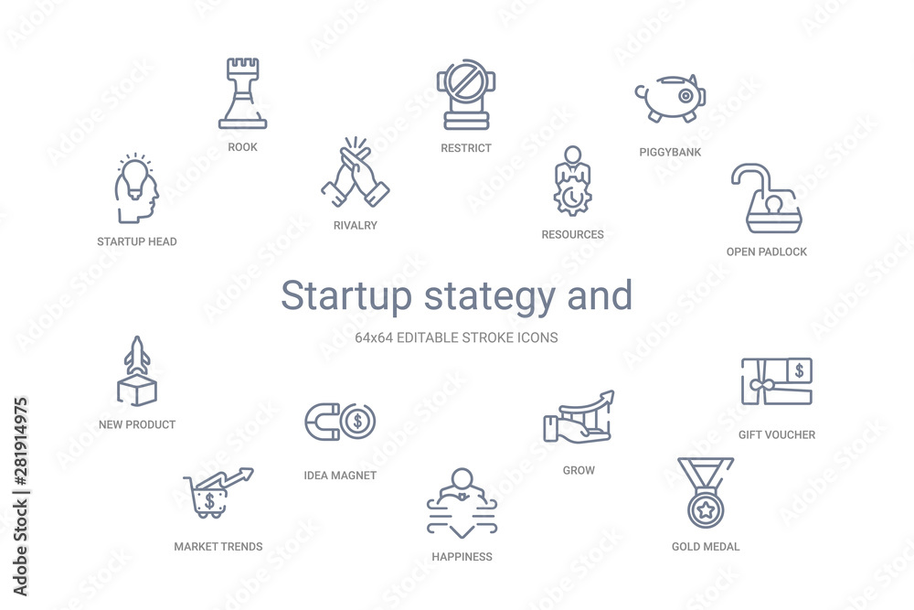 startup stategy and concept 14 outline icons
