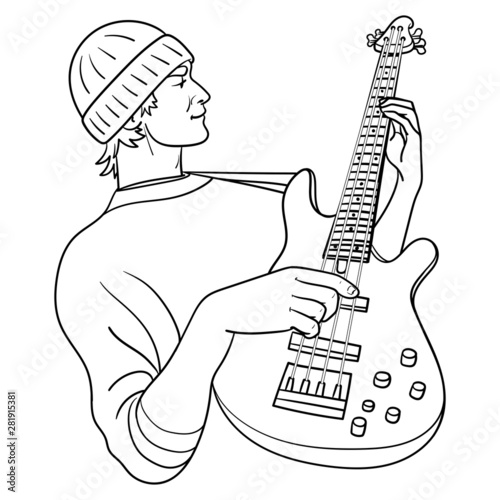 Outline Vector illustration of a young electric bass player.  monochrome cartoon drawing.