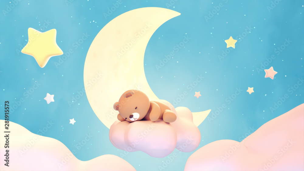 Cute sleeping bear on lake green color background. Beautiful pastel pink  clouds, yellow crescent moon, and stars. 3d rendering picture. ilustración  de Stock | Adobe Stock