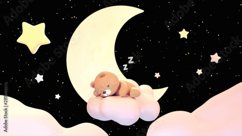 Cute sleeping bear with zzz effect on black background. Concept of sweet lullaby theme. 3d rendering picture.