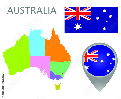 Colorful flag, map pointer and map of Australia with the administrative divisions. High detail. Vector illustration