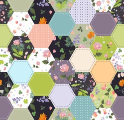 Crédence de cuisine Hexagone patrons Patchwork hexagonal floral pois vintage  © Happy Dragon