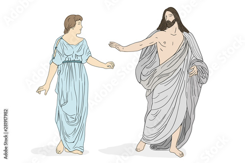 Jesus Christ and Mary Magdalene stand and lead a dialogue. Vector image isolated on white background.