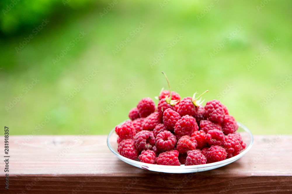 Raspberry berries on a wooden table. Summer mood. A treat. Green background. - obrazy, fototapety, plakaty 
