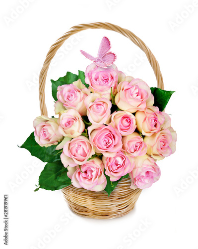 Basket with bouquet of pink...
