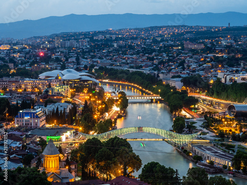 Central part of Tbilisi with illuminated Bridge of Peace