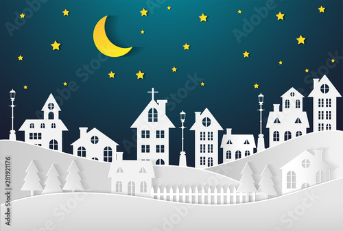 paper art style.Landscape City Village nighttime. Village with full moon.Vector of a crescent moon with stars on a cloudy night sky. Moon and stars background. © CHAIYAPHON