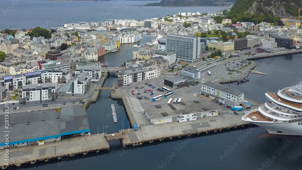 Alesund, Norway - july 2019: Aerial scenic city view from drone