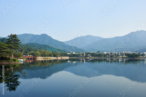A view of Uirimji Reservoir and the reflection of its surroundings in Jechun  South Korea.
