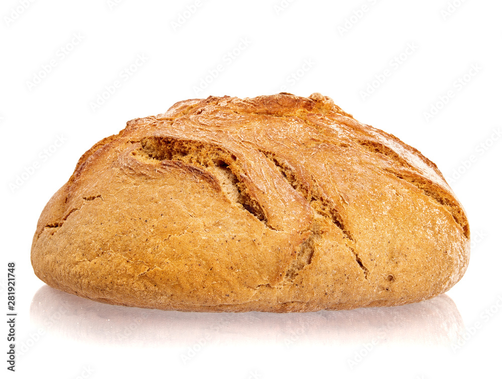 Round loaf of rye bread isolated on white background