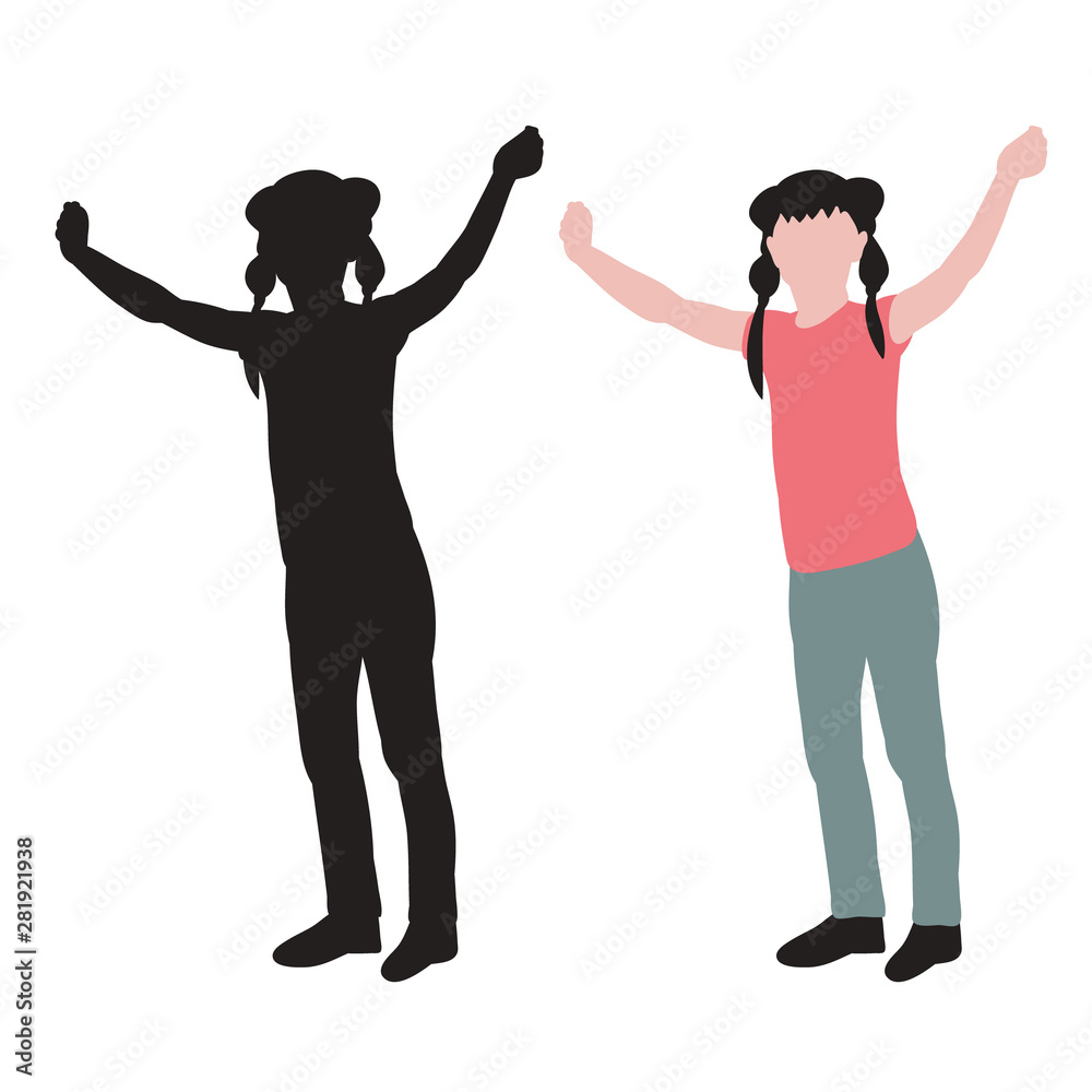 vector, isolated, silhouette and flat style child girl rejoices