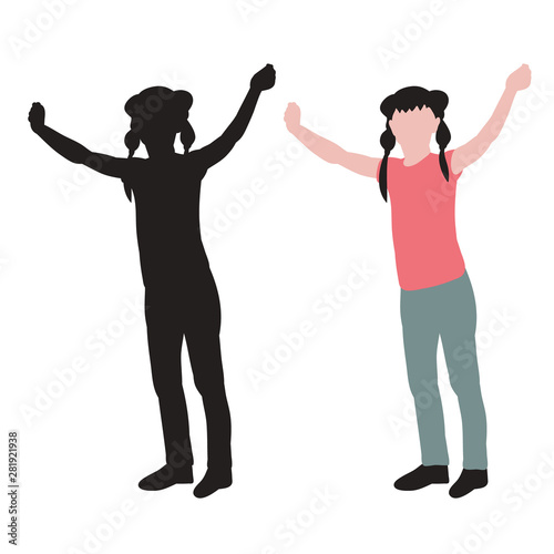 vector, isolated, silhouette and flat style child girl rejoices