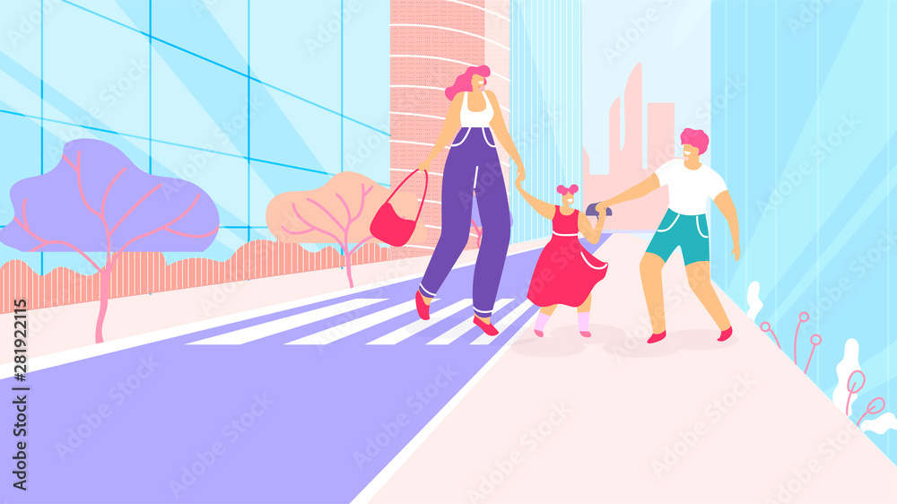 Cartoon Mother with Children Walk at Crosswalk