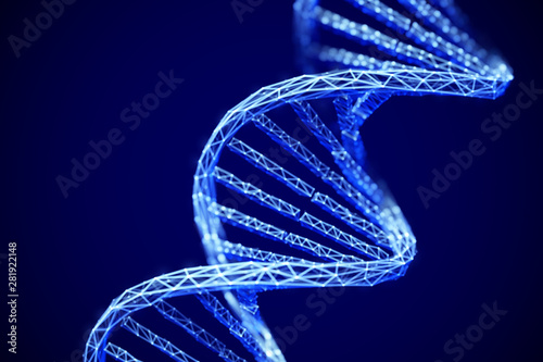 Concept of future genetic technology: 3D digital polygonal DNA double helix molecule. Artificial intelligence in medicine. Modern science and laboratory abstract background. EPS 10 vector illustration