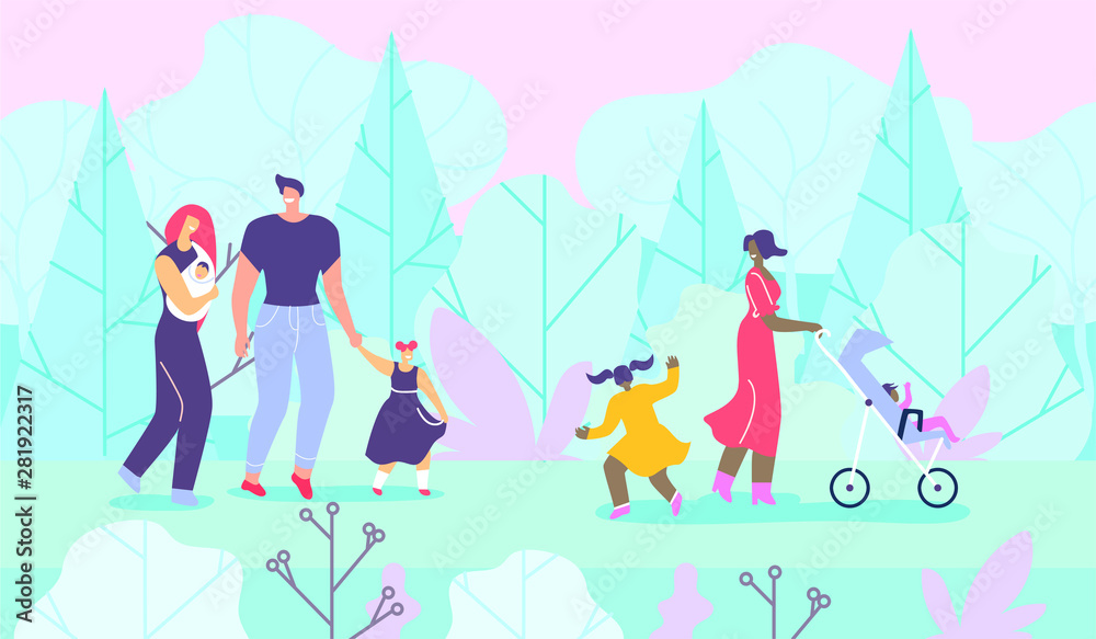 Fototapeta premium Happy Families with Children Walking in Forest