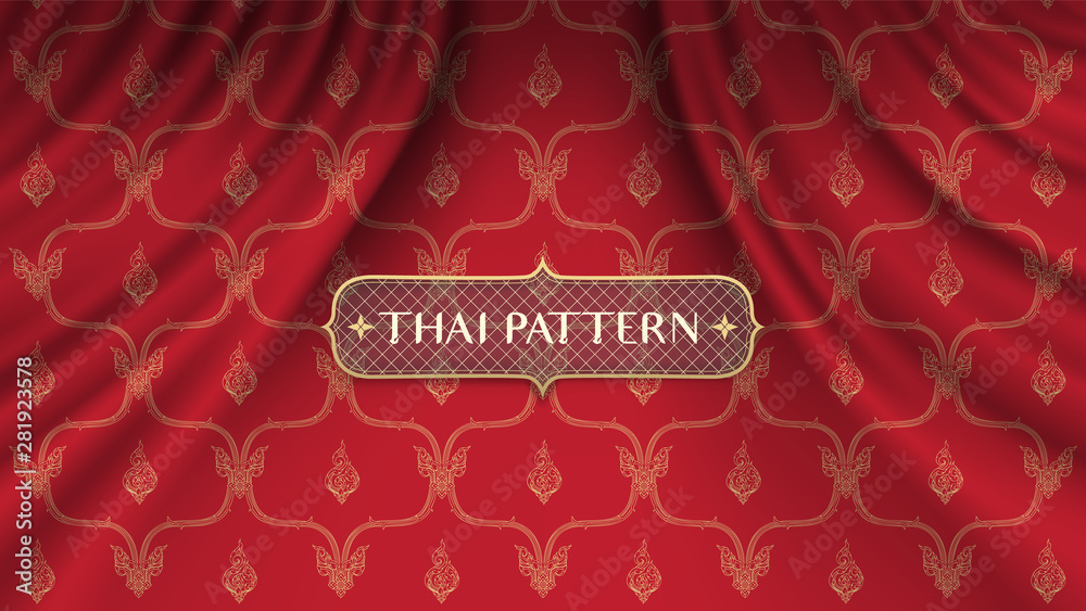 Traditional Thai pattern on realistic red curve curtain background.