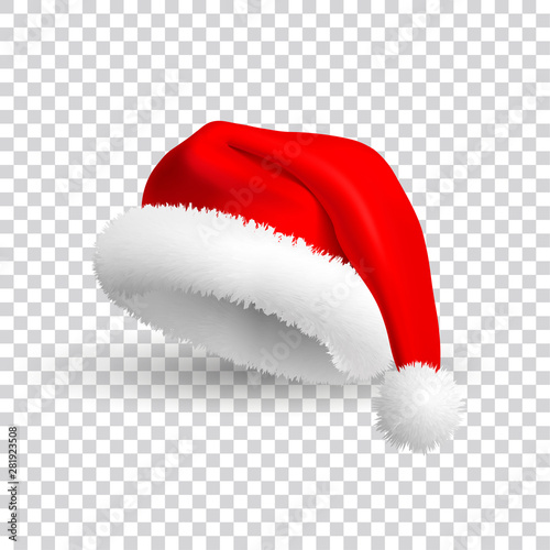 Santa Claus hat isolated on transparent background. Realistic Vector. 3d Illustration.