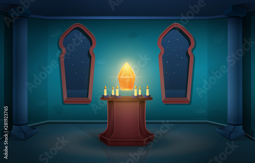Cartoon magic tower of the sorcerer's castle with crystal at night, vector illustration