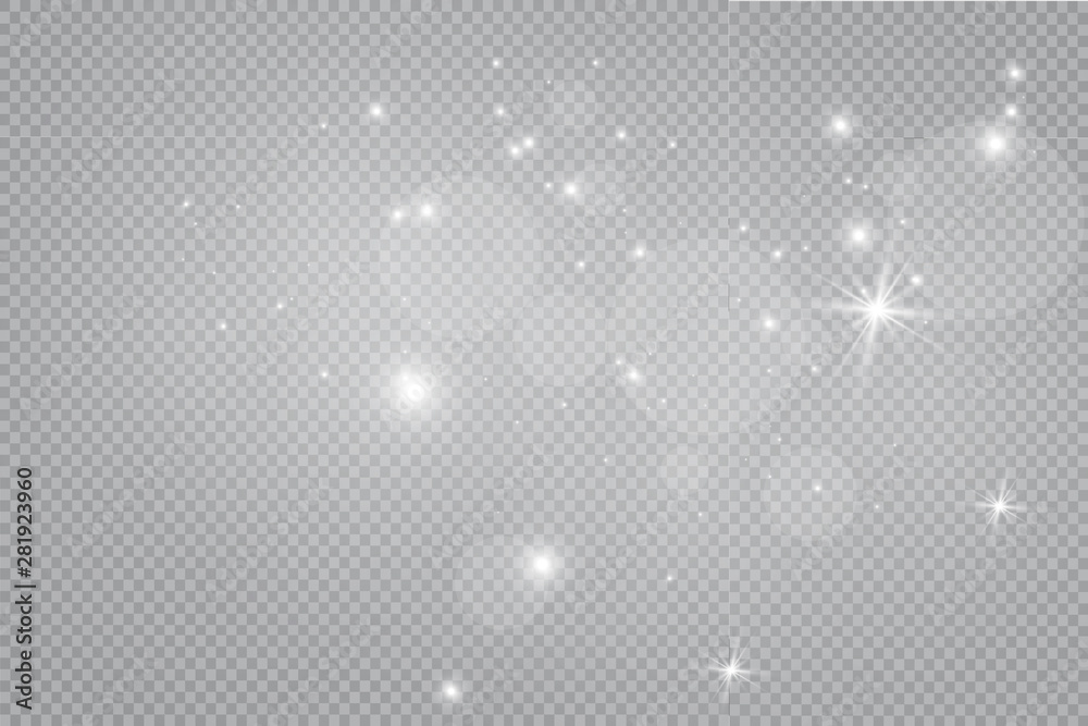 Dust white. White sparks and golden stars shine with special light. Vector sparkles on a transparent background. Christmas abstract pattern. Sparkling magical dust particles. Dust white. White sparks and golden stars shine with special light. Vector sparkles on a transparent background. Christmas abstract pattern. Sparkling magical dust particles.