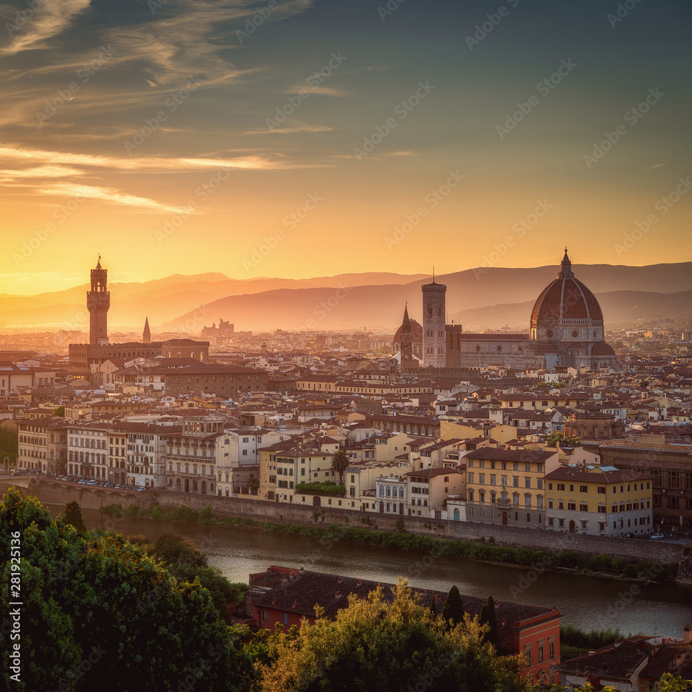 Florence city skyline at sunset, Italy. Aerial cityscape panoramic view from Piazzale Michelangelo