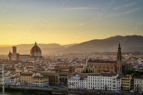 Florence city skyline at sunset  Italy. Aerial cityscape panoramic view from Piazzale Michelangelo