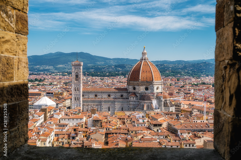 Florence city skyline, Italy. Aerial cityscape view to Santa Maria del Fiore cathedral (Basilica of Saint Mary of the Flower) in the day
