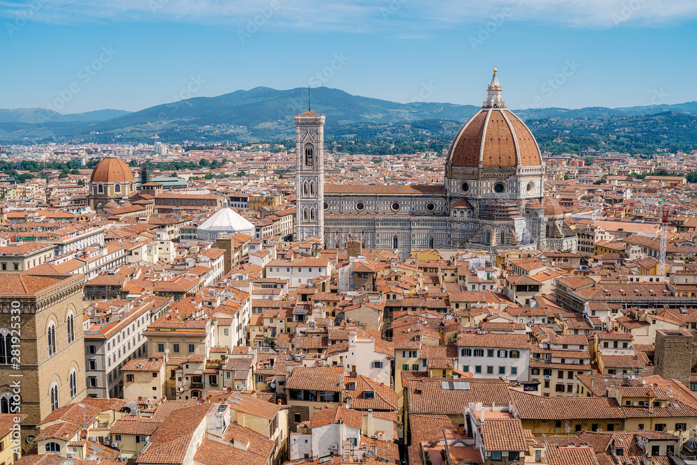 Florence city skyline, Italy. Aerial cityscape view to Santa Maria del Fiore cathedral (Basilica of Saint Mary of the Flower) in the day
