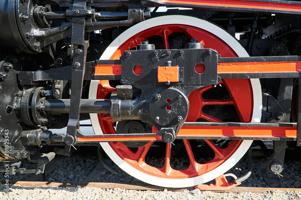 Pistons and driving wheel of the historic steam locomotive.