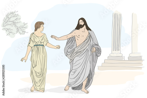 Jesus Christ and Mary Magdalene stand and lead a dialogue. Vector image isolated on white background.