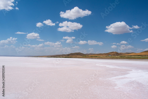 Fototapeta Naklejka Na Ścianę i Meble -  Turkey, Central Anatolia Region: aerial view of the salt expanse of Lake Tuz, Tuz Golu, known as the Salt Lake, the second largest lake in Turkey and one of the largest hypersaline lakes in the world