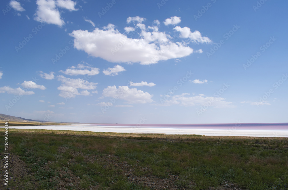 Turkey, Central Anatolia Region: aerial view of the Lake Tuz, Tuz Golu, pink and red water of the Salt Lake, the second largest lake in Turkey and one of the largest hypersaline lakes in the world Turkey, Central Anatolia Region: aerial view of the Lake Tuz, Tuz Golu, pink and red water of the Salt Lake, the second largest lake in Turkey and one of the largest hypersaline lakes in the world