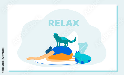 Woman Doing Yoga Asana Cat Sitting on her Back.