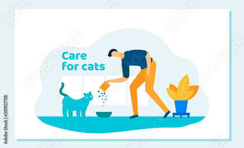 Happy Man Feeding Cat Put Food in Kitten Plate